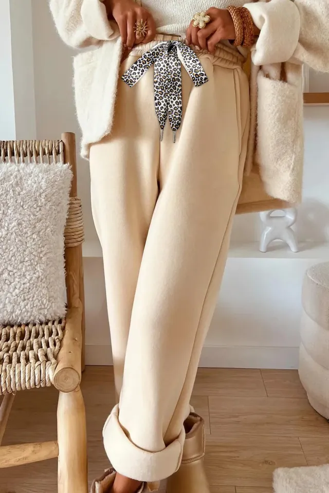 Oatmeal Fleece Lined Leopard Drawstring Elastic Waist Solid Pants Oatmeal - Shop at LoveMi