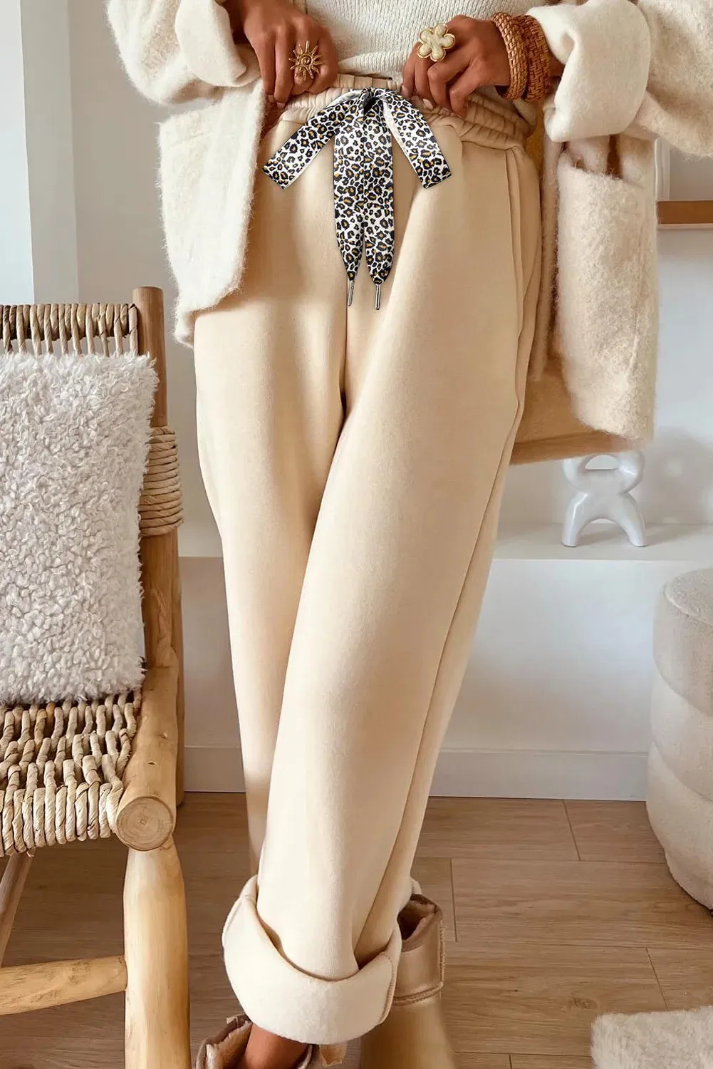 Oatmeal Fleece Lined Leopard Drawstring Elastic Waist Solid Pants - Oatmeal