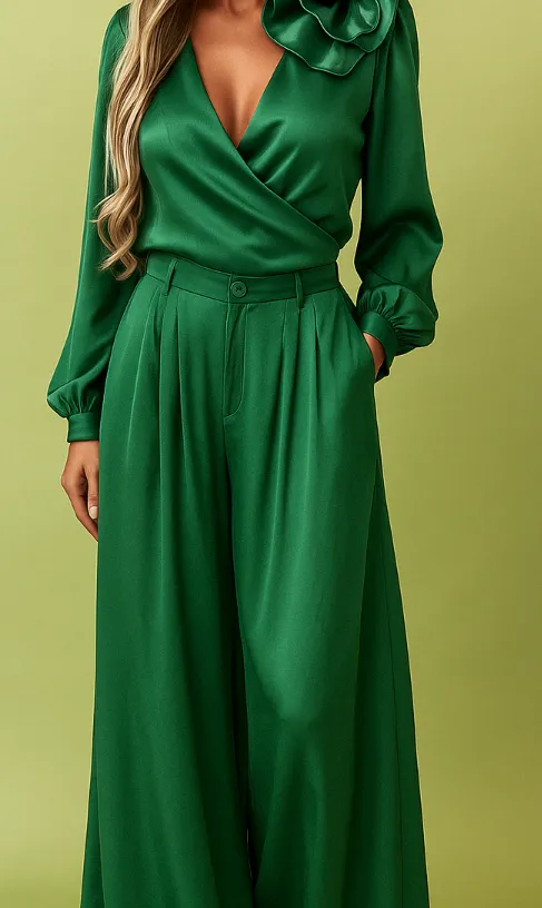 Women's Luxury Elegant V-neck Satin Long Sleeve Top Wide Leg Pants Suit - Green