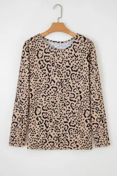 Women's Loose Lantern Sleeve Round Neck Sweater Top - Brown - View 1
