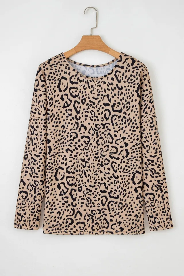 Women's Loose Lantern Sleeve Round Neck Sweater Top Brown - Shop at LoveMi