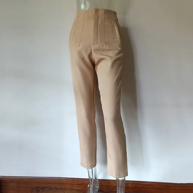 Pleated Casual High Waist Pure Color Slim fit Basic Pants Camel - Shop at LoveMi