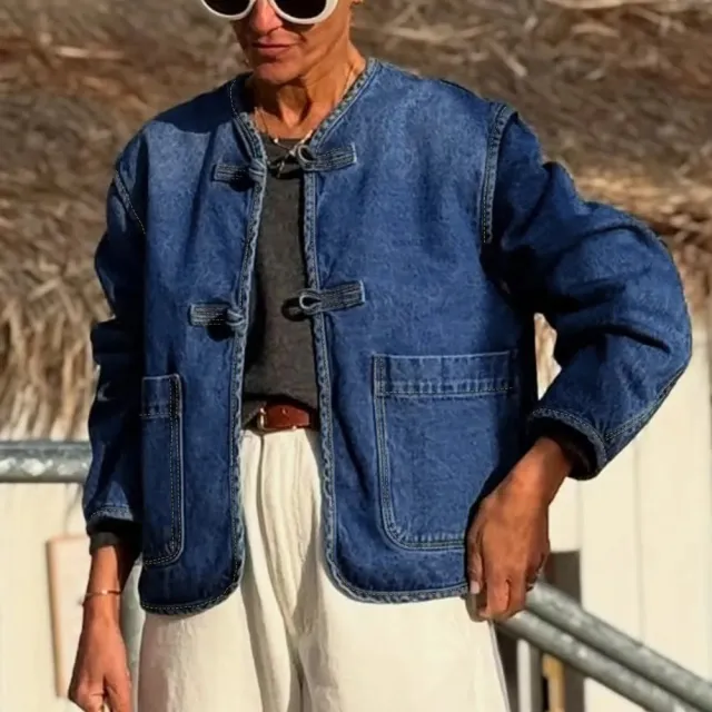 Sail Blue Vintage Fastening Big Patched Pockets Straight Cut Deep Wash Denim Jacket Sail Blue - Shop at LoveMi