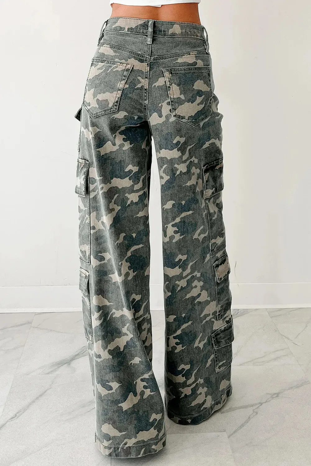 Green Camo Denim Cargo Wide Leg Pants - Green