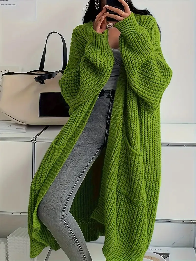 Autumn And Winter Long Sweater Women's Loose All-matching Base Long-sleeved Knitted Cardigan - Green