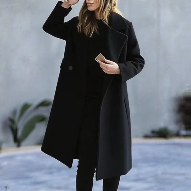 Solid Color Plus Size Coat Woolen Fall Winter Coat Women - Black