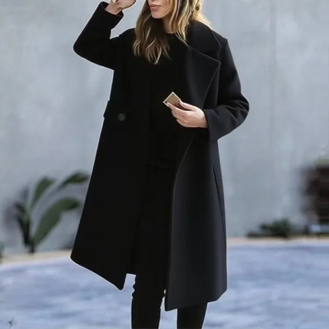 Solid Color Plus Size Coat Woolen Fall Winter Coat Women Black - Shop at LoveMi