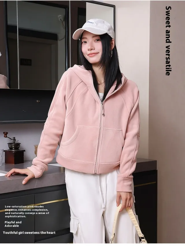 American High Street Design Sense Hooded Fleece Lined Sweater Cherry Blossom Powder - Shop at LoveMi