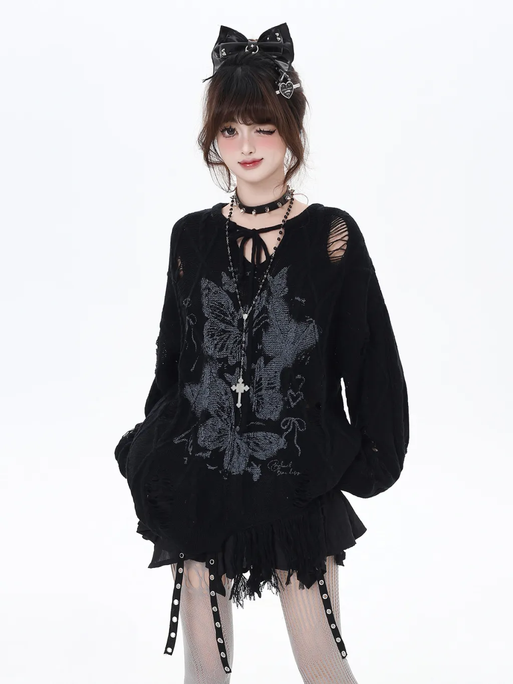 Ripped Retro Butterfly Printed V-neck Hollow Long Sleeve Knitted Sweater - Black