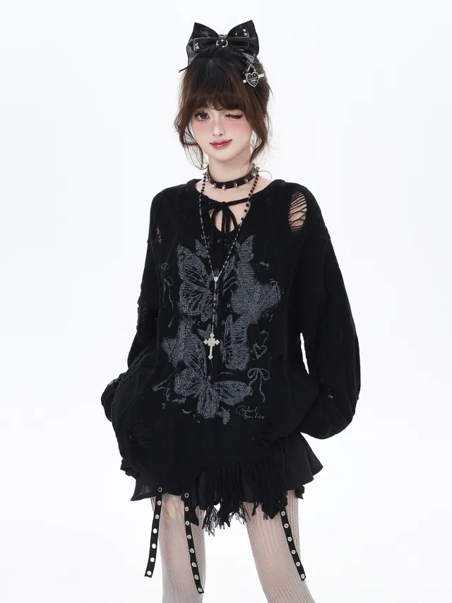 Ripped Retro Butterfly Printed V neck Hollow Long Sleeve Knitted Sweater Black - Shop at LoveMi