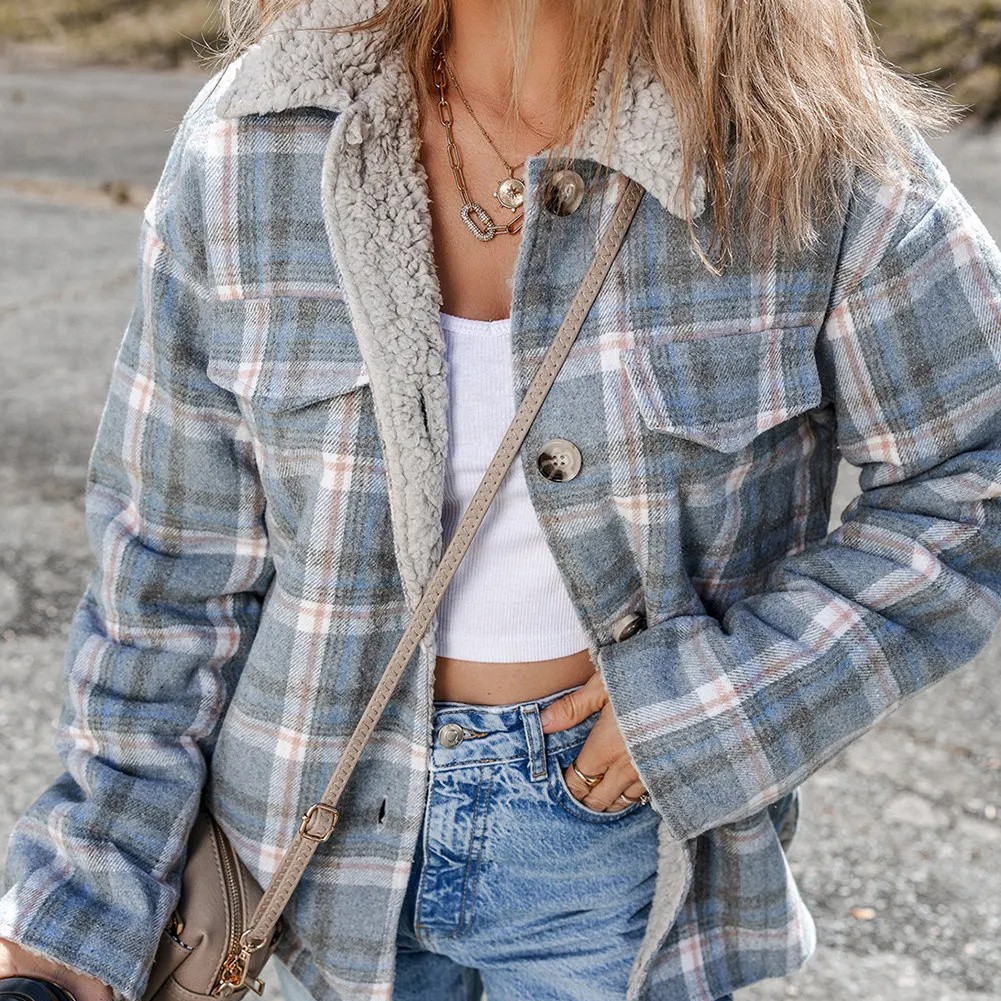 Sky Blue Stripe Sherpa Collar Cuffs Patchwork Plaid Shirt Jacket With Chest Pocket