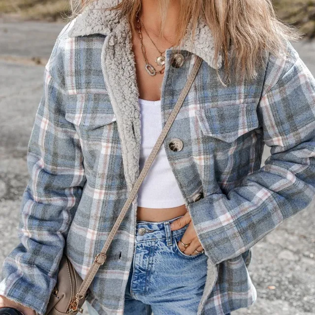 Sky Blue Stripe Sherpa Collar Cuffs Patchwork Plaid Shirt Jacket With Chest Pocket Sky Blue Stripe - Shop at LoveMi