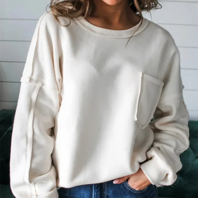 White Exposed Seam Chest Pocket Knit Pullover Sweatshirt White - Shop at LoveMi
