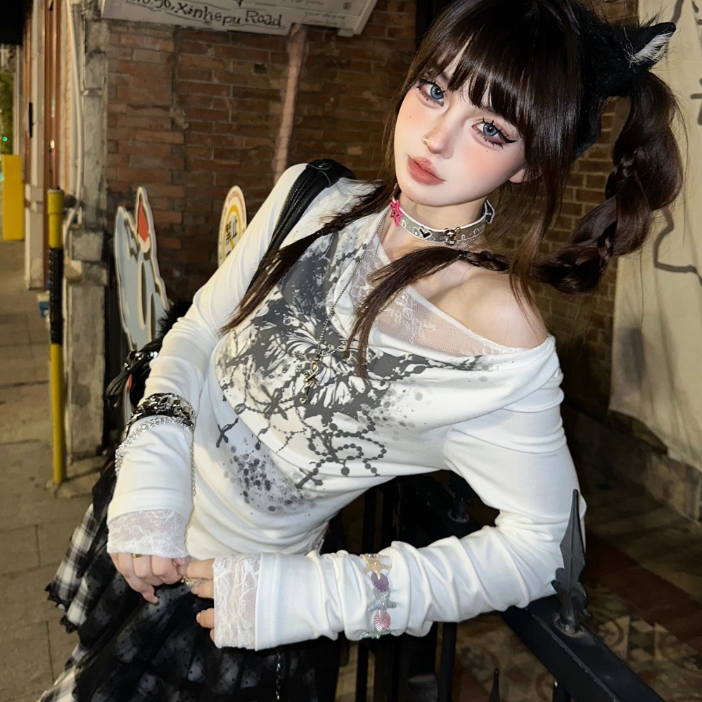 Lace Stitching T-shirt Women's Long-sleeved V-neck Inner Match Top