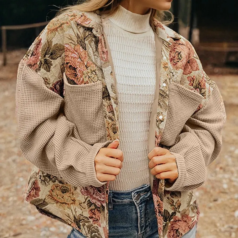 Khaki Floral Waffle Knit Patchwork Chest Pockets Buttoned Jacket - Khaki