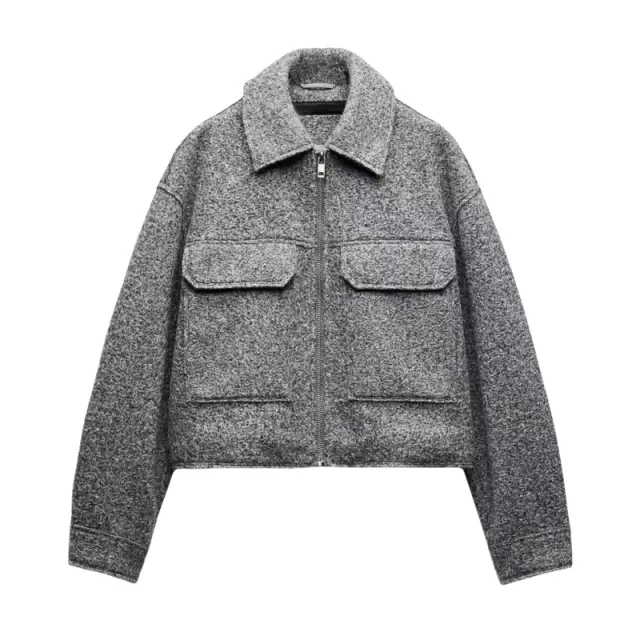Long Sleeve Lapel Large Pocket Beaded Leather Jacket Woolen Short Coat Gray - Shop at LoveMi