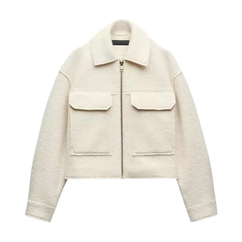 Long Sleeve Lapel Large Pocket Beaded Leather Jacket Woolen Short Coat - White