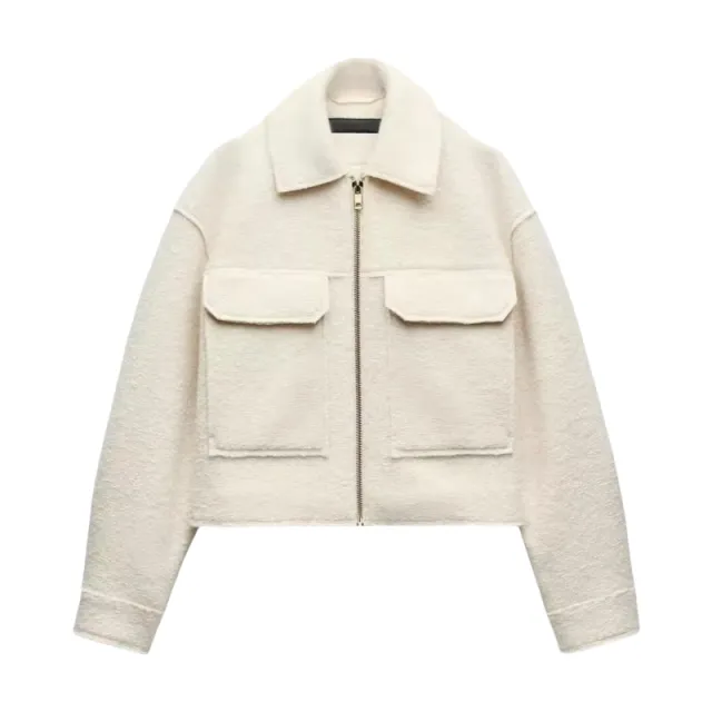 Long Sleeve Lapel Large Pocket Beaded Leather Jacket Woolen Short Coat White - Shop at LoveMi