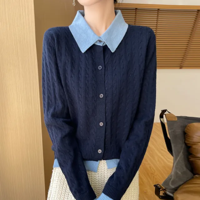 Women's Contrast Color Fashion Slim fit Cashmere Lapel Sweater Navy - Shop at LoveMi