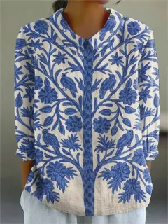Women's Summer Casual Floral Shirt - Blue - View 1