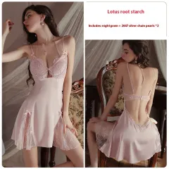 Deep V Chest Pad Underwear Satin Slip Nightdress - Lotus Root Starch-Xl - View 1