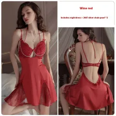Deep V Chest Pad Underwear Satin Slip Nightdress - Wine - View 1