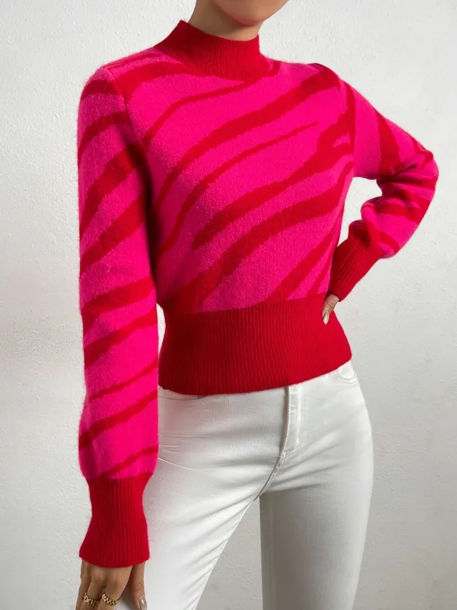 Fashion Animal Pattern Jacquard Casual Loose Round Neck Sweater Red - Shop at LoveMi