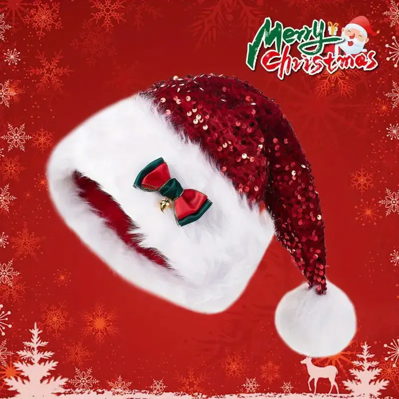 Christmas Hat With Red Sequins And Bow Design Warm Plush Decorative Hat, Christmas Enlarged And Thickened Long Haired Hat – image 3
