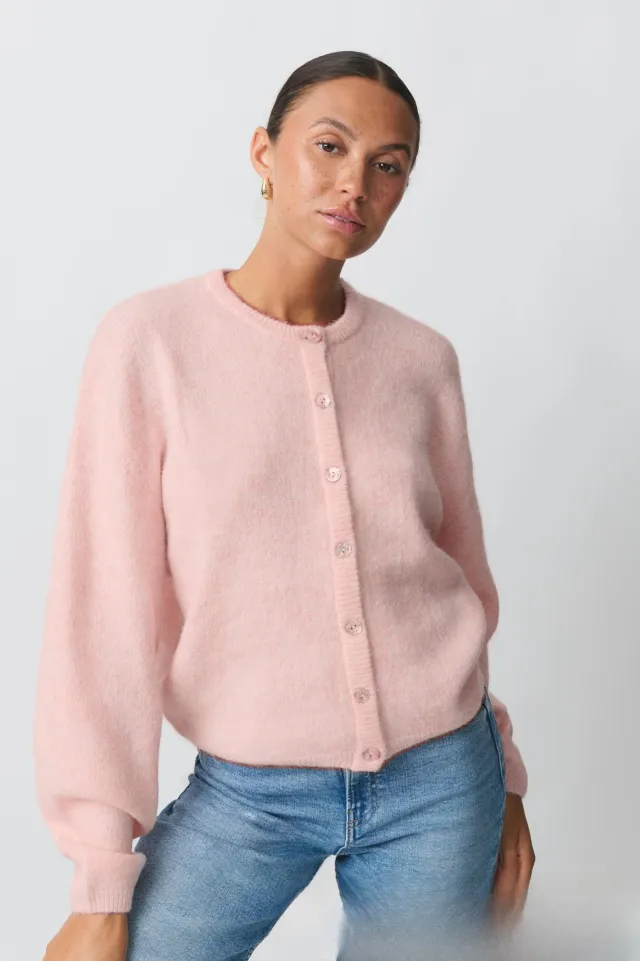 Natural Shell Button Simple And Thin Round Neck Velvet Cardigan Women's Sweater Pink - Shop at LoveMi