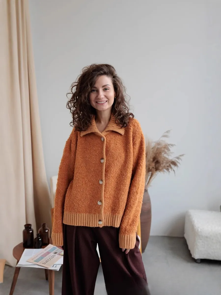 Laid-back Flattering Stitching Lapel Knitted Sweater - Orange