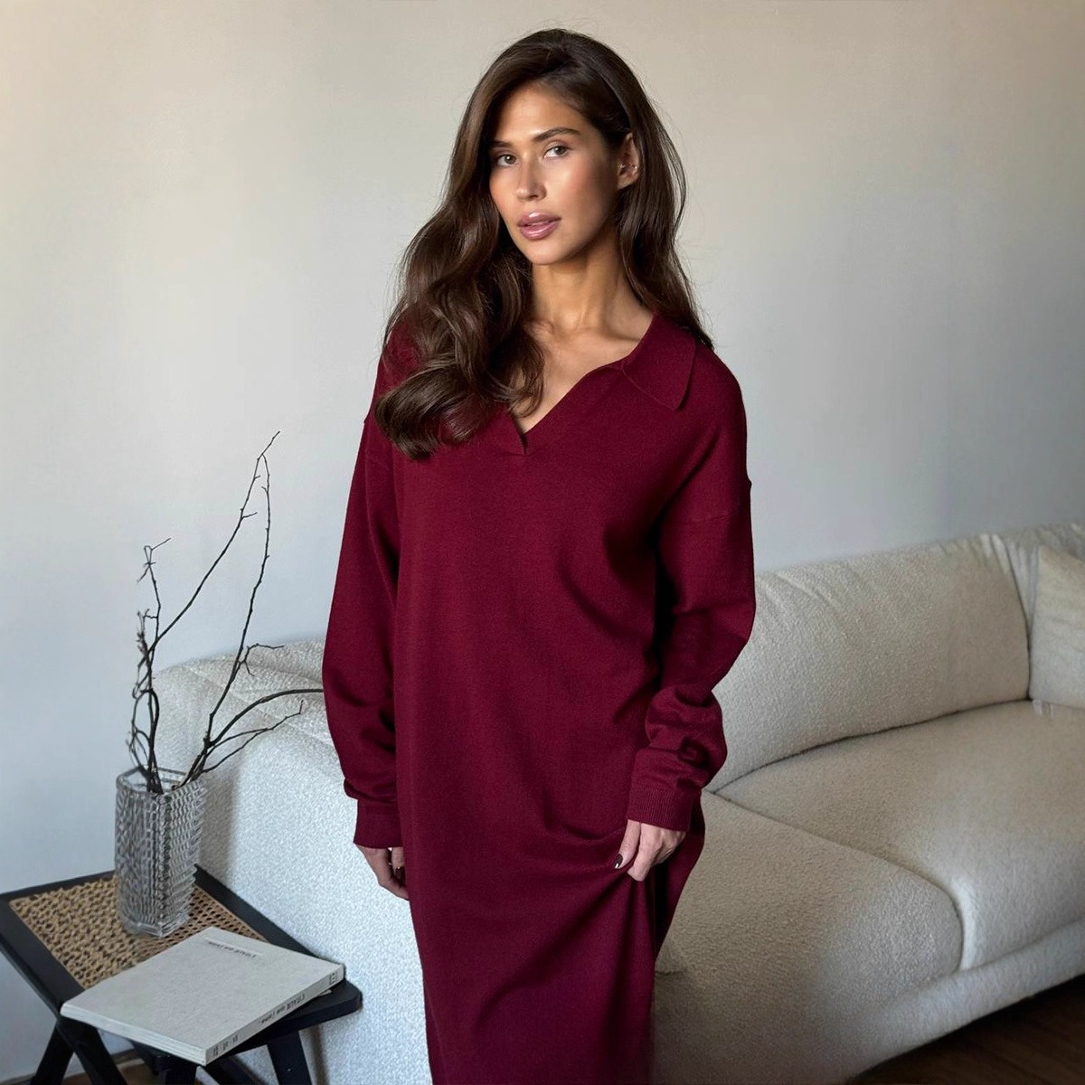 Retro Lazy Style Scissors Collar Long sleeved Knitted Women's Dress Wine - Shop at LoveMi