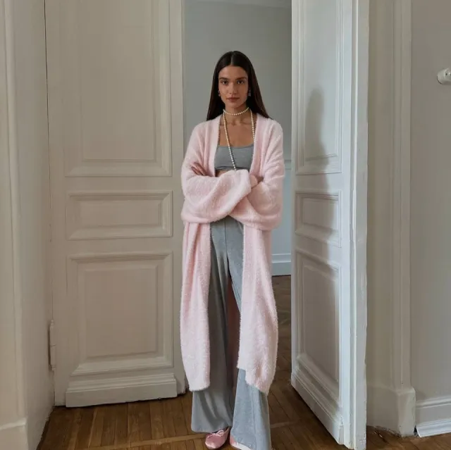 Elegant Soft Knitted Lady's Sweater Cardigan Loose Long Casual All matching Pink - Shop at LoveMi