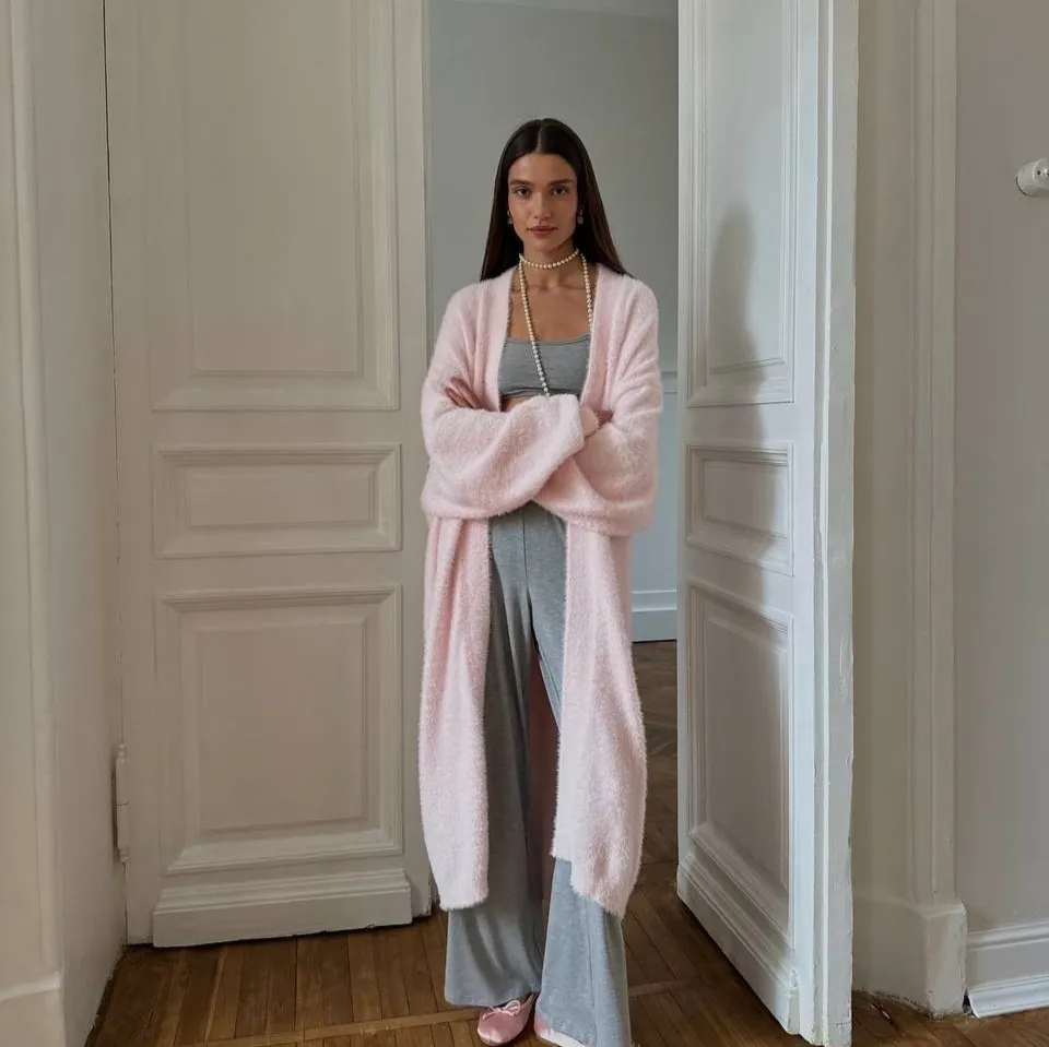 Elegant Soft Knitted Lady's Sweater Cardigan Loose Long Casual All-matching - Pink