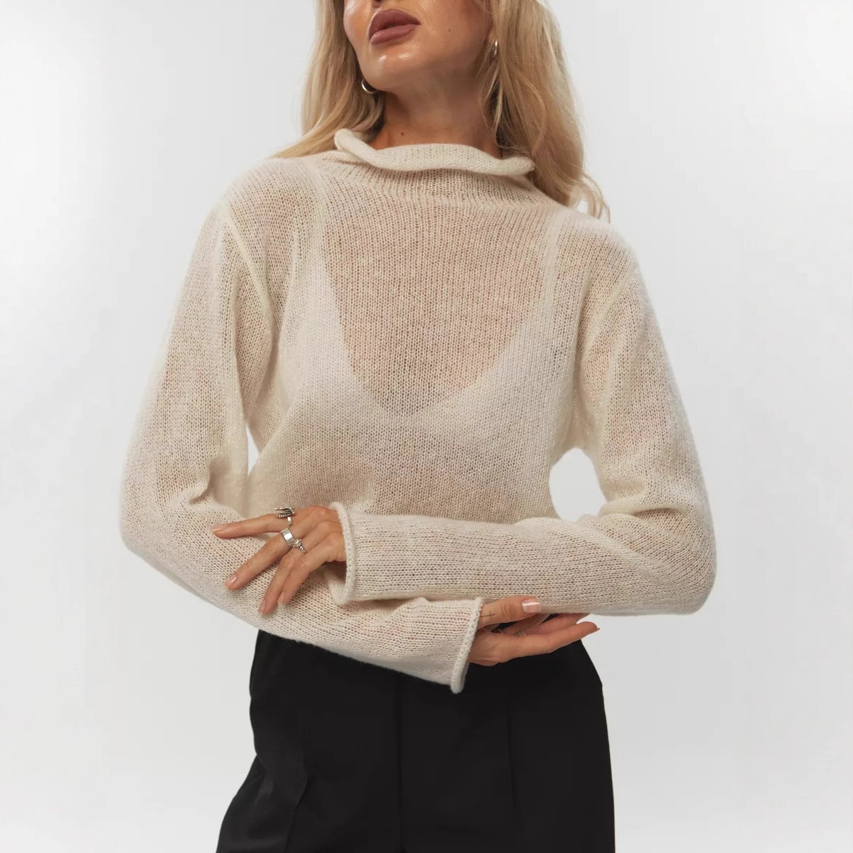 Knitted Long-sleeved Top Loose And Idle Curling Hollow Design