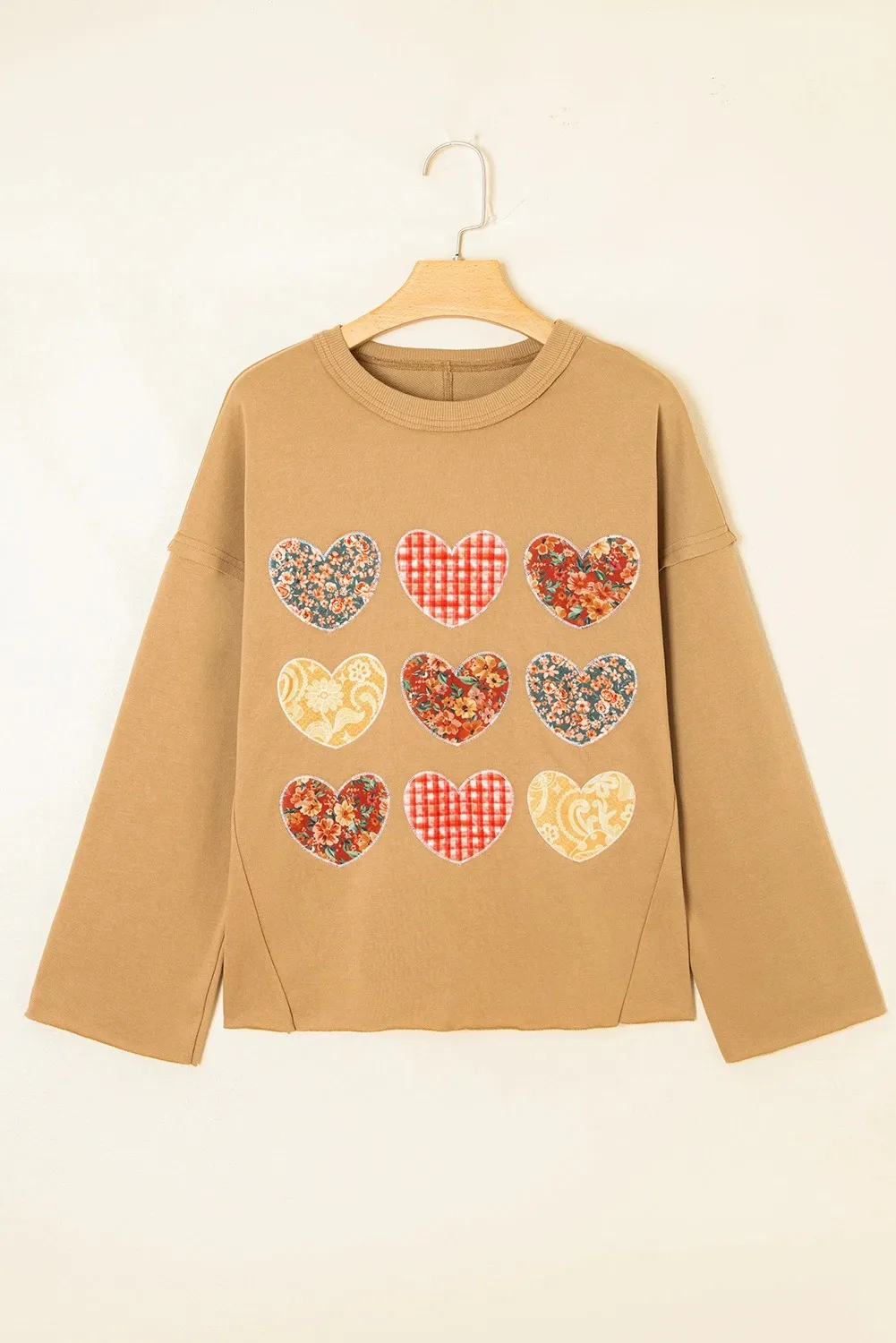 Straw Yellow Plaid Floral Heart Stitched Exposed Seam Mineral Wash Sweatshirt - Yellow