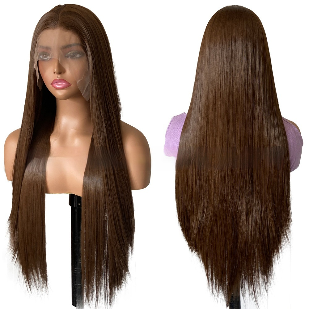 Wig Female Brown Long Straight Artificial Hairline Lace Headgear
