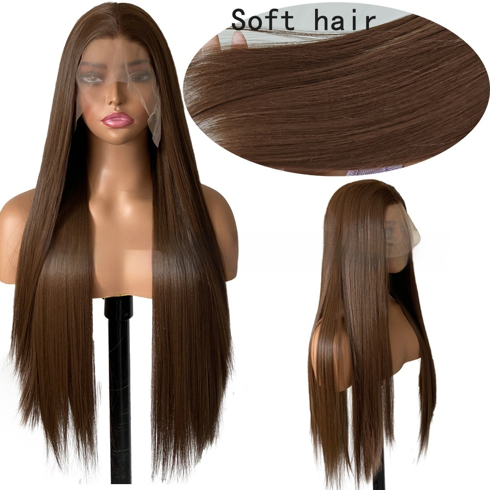 Wig Female Brown Long Straight Artificial Hairline Lace Headgear