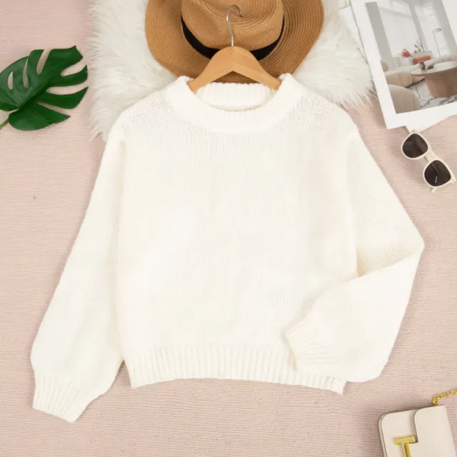 Women's Solid Color Round Neck Loose Casual Knitted Sweater White - Shop at LoveMi