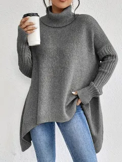 Irregular Turtleneck Sweater Winter Loose Long Sleeve Knitted Tops Leisure Warm Pullover Sweater Women's Clothing - Grey - View 1