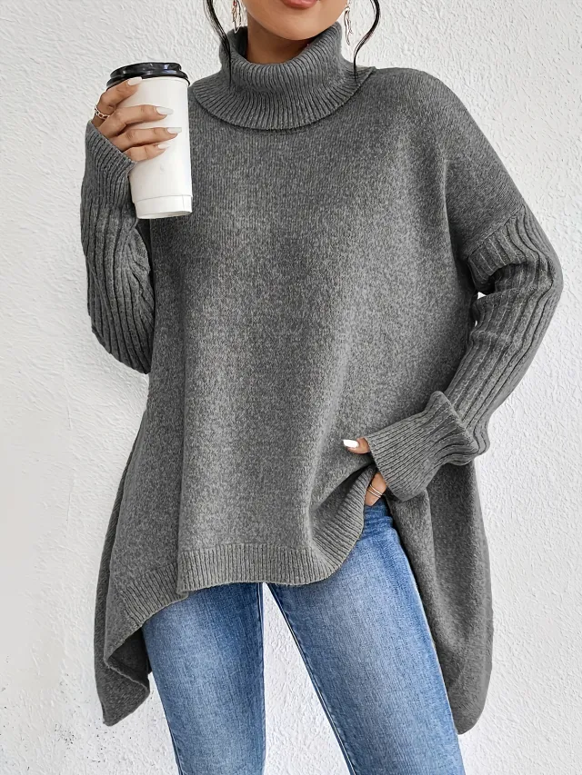 Irregular Turtleneck Sweater Winter Loose Long Sleeve Knitted Tops Leisure Warm Pullover Sweater Women's Clothing Grey - Shop at LoveMi