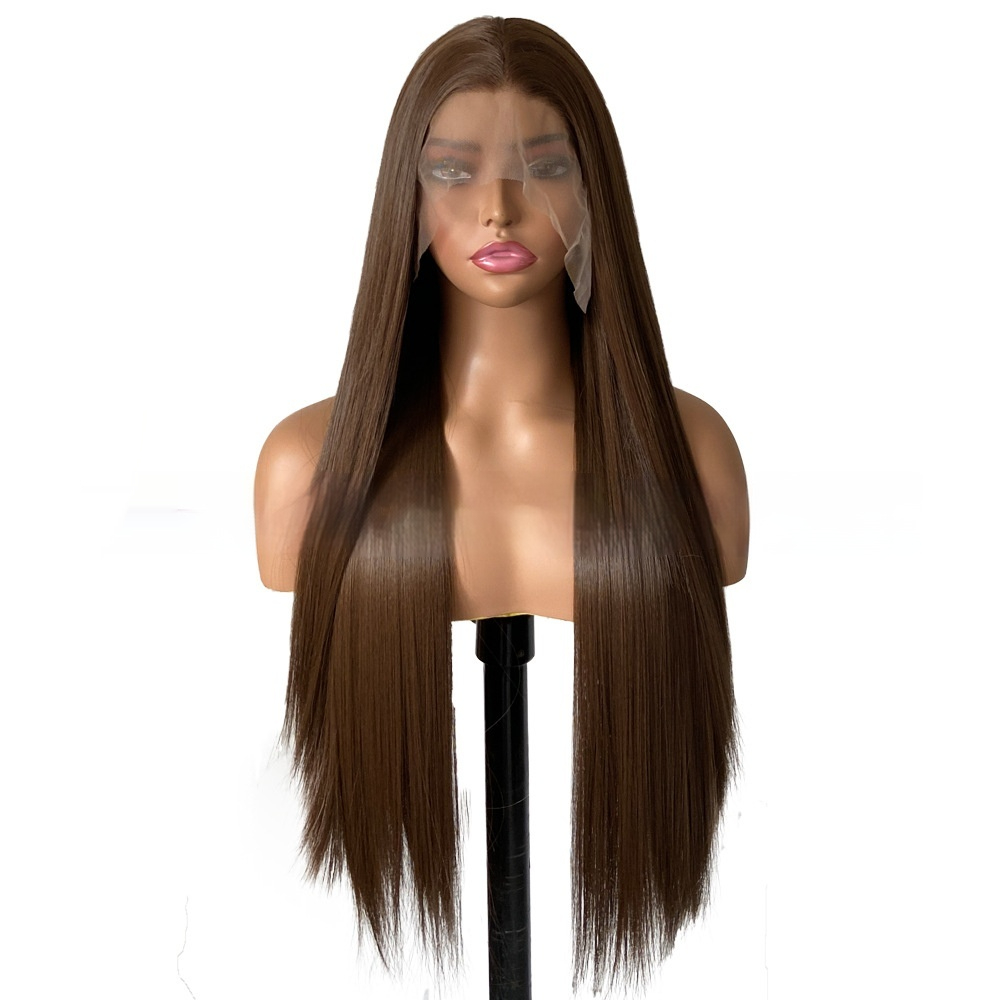 Wig Female Brown Long Straight Artificial Hairline Lace Headgear 5