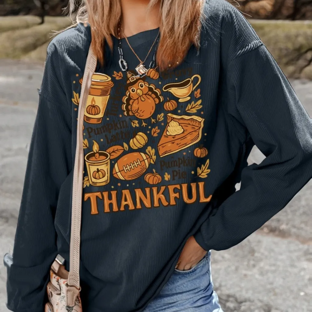 Women's Solid Color Loose Round Neck Print Long-sleeved Sweater - Dark Blue
