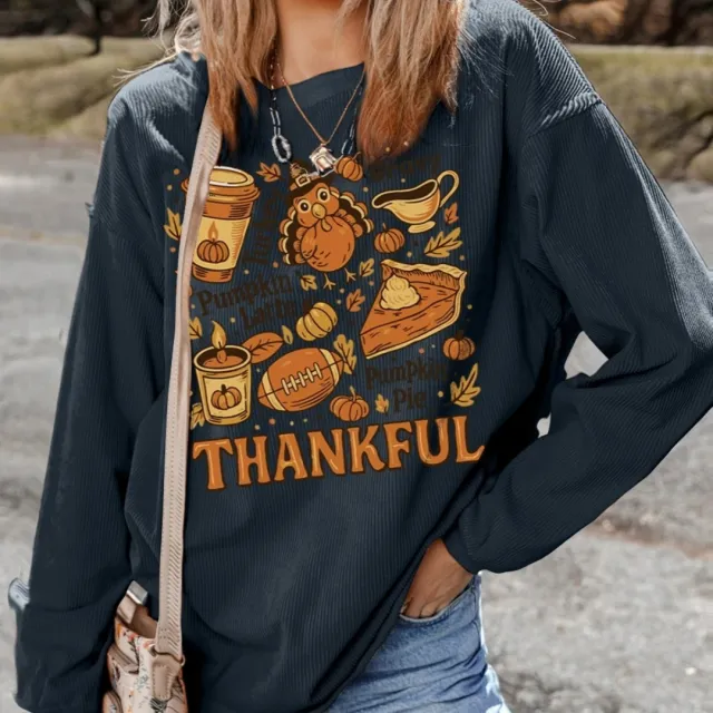 Women's Solid Color Loose Round Neck Print Long sleeved Sweater Dark Blue - Shop at LoveMi