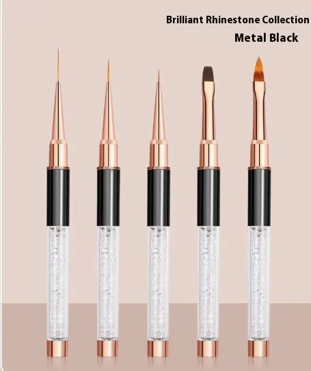 5 piece Double headed Nail Brush Cable With Lid Black Rhinestone Nail Pen - Shop at LoveMi