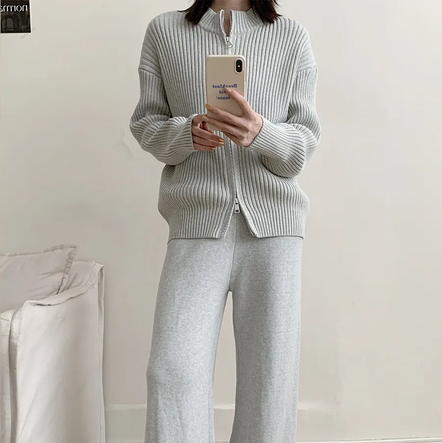 Small Stand Collar Vertical Sunken Stripe Zipper Knitted Cardigan Coat Trousers Two-piece Set - Light Gray