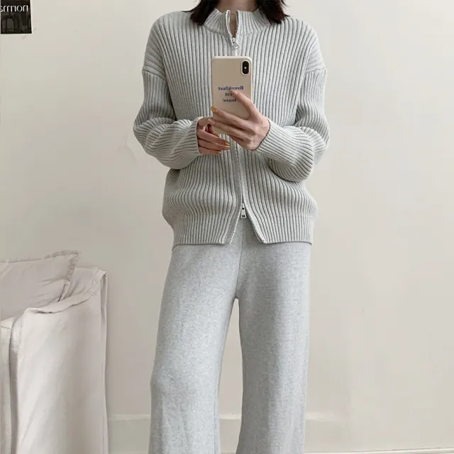 Small Stand Collar Vertical Sunken Stripe Zipper Knitted Cardigan Coat Trousers Two piece Set Light Gray - Shop at LoveMi