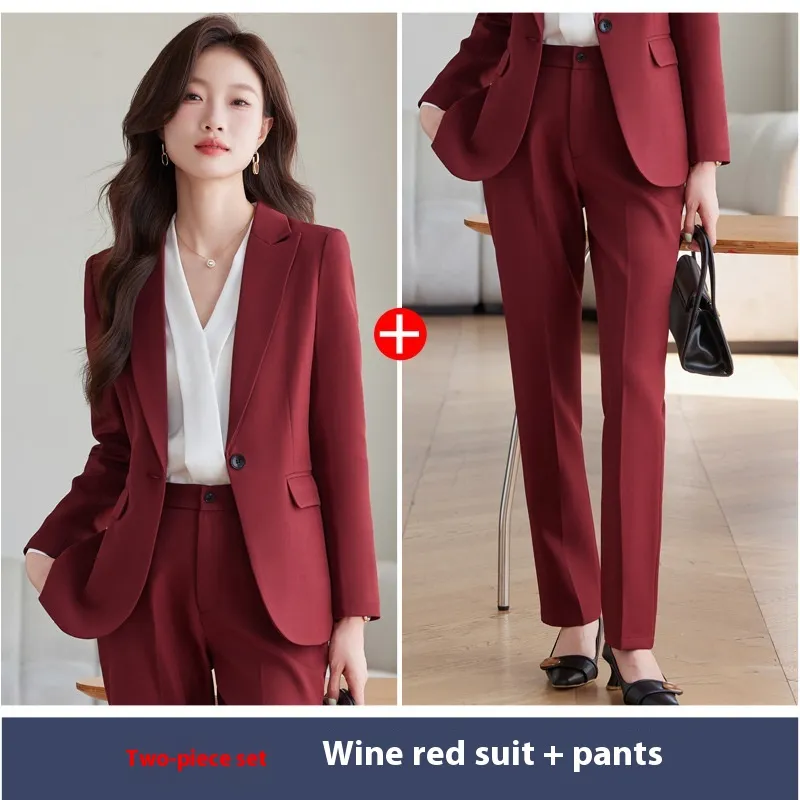 High Sense New Spring And Autumn College Student Interview Formal Wear Suit Jacket - Wine Red Coat Pants