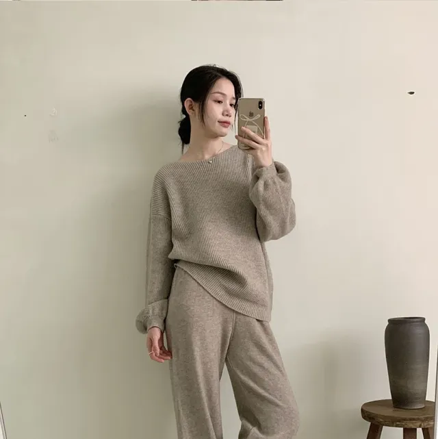 Knitted Sweater Suit Women's Loose Crew Neck Top Wide leg Pants Khaki - Shop at LoveMi
