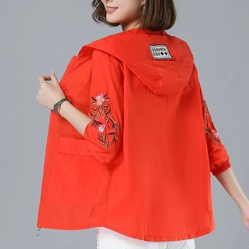 Breathable Sun Protection Clothing Women's Loose Middle-aged Mom Short Coat - Orange Red