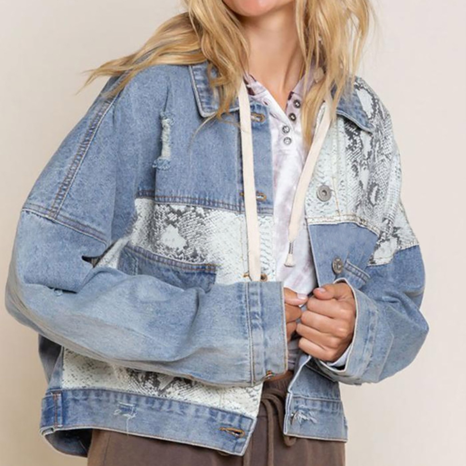 Leopard print stitching women's denim jacket Python Pattern - Shop at LoveMi